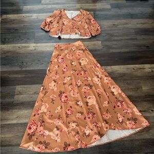 Joyfolie Peach Floral Two-Piece Skirt Set